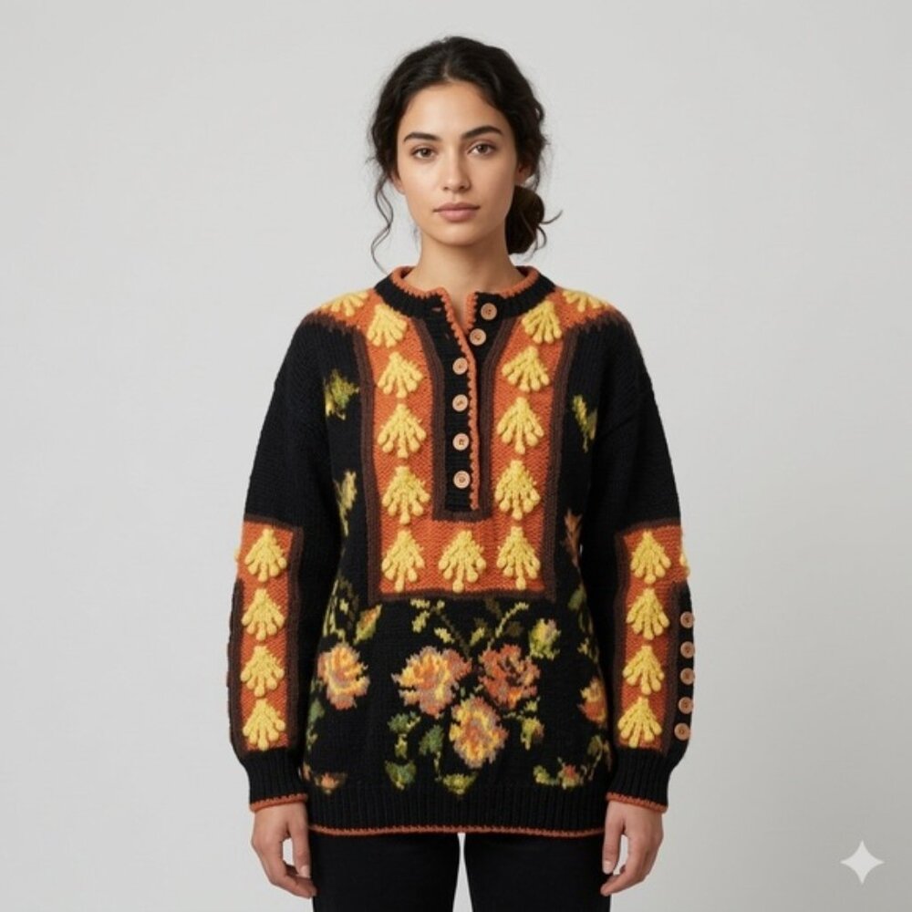Vintage Handmade 3D Flowers Half Button Pullover Sweater - Small / Medium